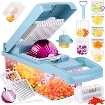 Vegetable Chopper, Pro Onion Chopper, 14 in 1Multifunctional Food Chopper, Kitchen Vegetable Slicer Dicer Cutter,Veggie Chopper With 8 Blades,Carrot and Garlic Chopper With Container(blue)